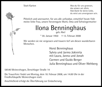 Traueranzeige von Ilona Benninghaus von WESTFÄLISCHER ANZEIGER