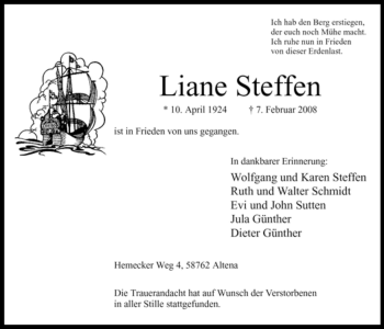 Traueranzeige von Liane Steffen von WESTFÄLISCHER ANZEIGER