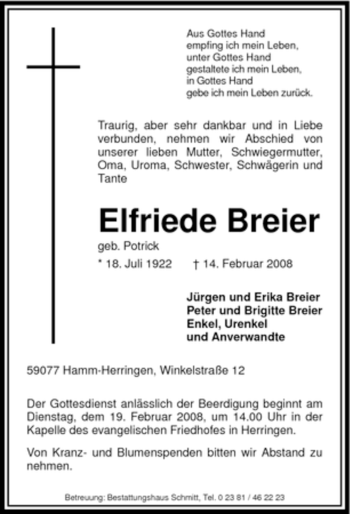 Traueranzeige von Elfriede Breier von WESTFÄLISCHER ANZEIGER
