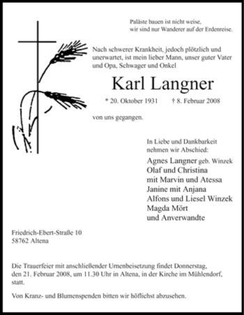 Traueranzeige von Karl Langner von WESTFÄLISCHER ANZEIGER