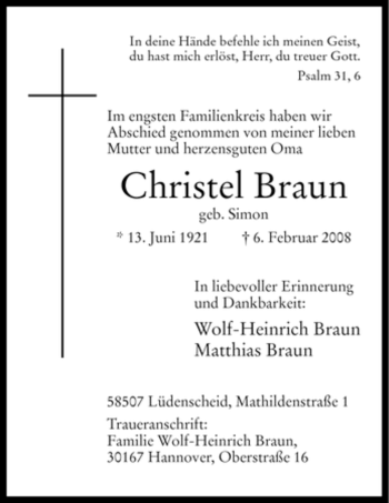 Traueranzeige von Christel Braun von WESTFÄLISCHER ANZEIGER