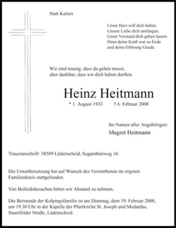 Traueranzeige von Heinz Heitmann von WESTFÄLISCHER ANZEIGER