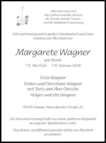 Traueranzeige von Margarete Wagner von WESTFÄLISCHER ANZEIGER