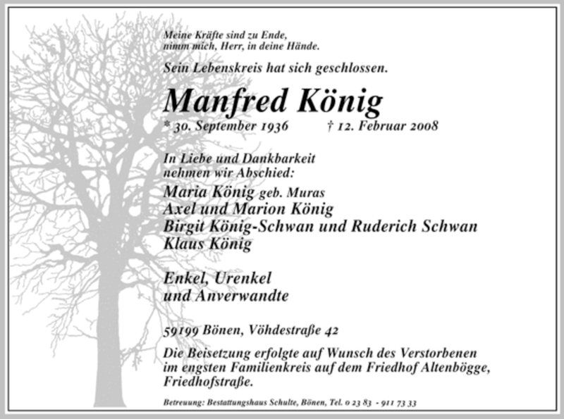  Traueranzeige für Manfred König vom 16.02.2008 aus WESTFÄLISCHER ANZEIGER