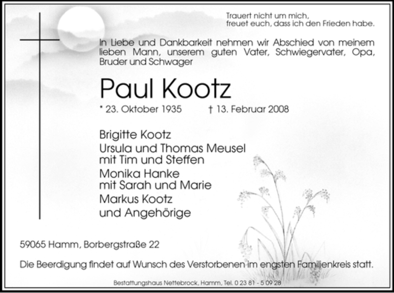  Traueranzeige für Paul Kootz vom 16.02.2008 aus WESTFÄLISCHER ANZEIGER