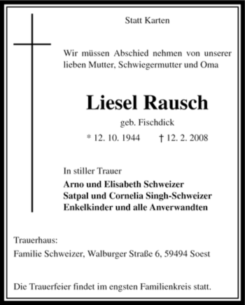 Traueranzeige von Liesel Rausch von WESTFÄLISCHER ANZEIGER