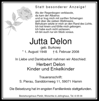 Traueranzeige von Jutta Delon von WESTFÄLISCHER ANZEIGER