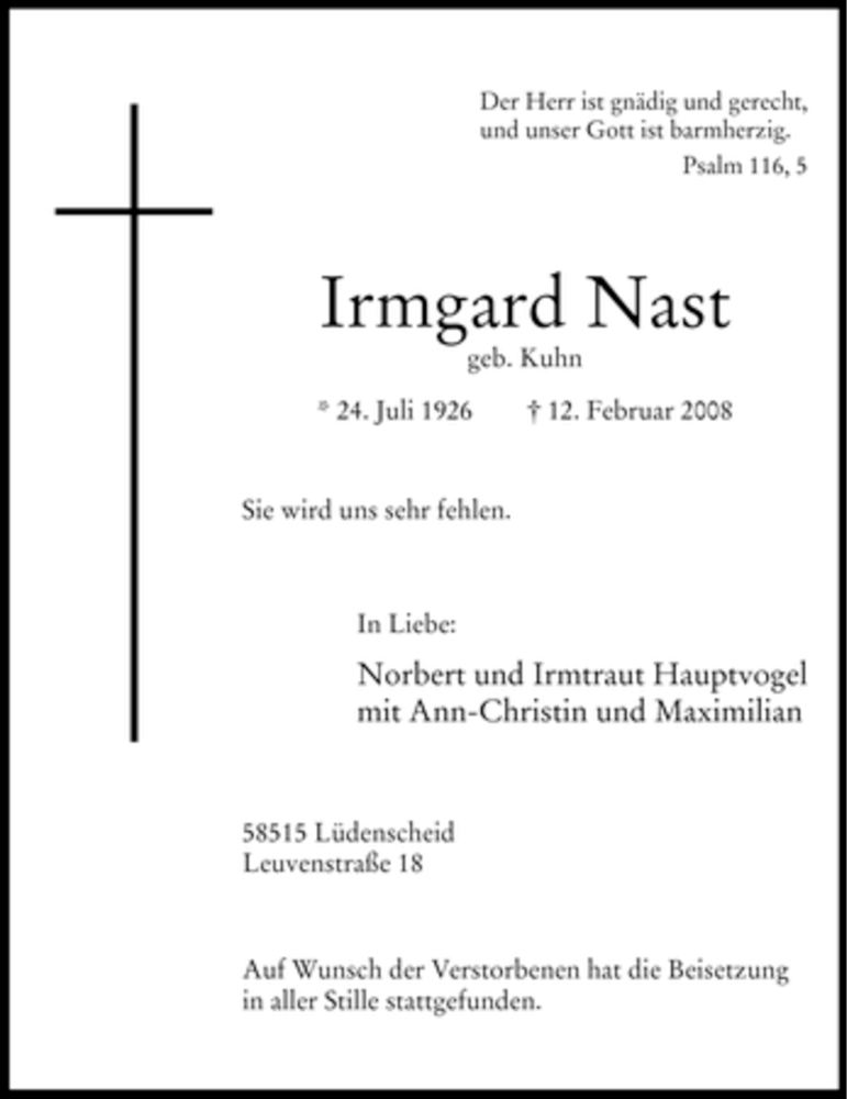  Traueranzeige für Irmgard Nast vom 16.02.2008 aus WESTFÄLISCHER ANZEIGER