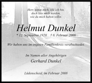 Traueranzeige von Helmut Dunkel von WESTFÄLISCHER ANZEIGER