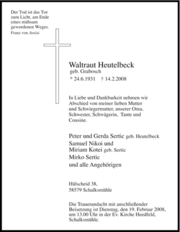 Traueranzeige von Waltraut Heutelbeck von WESTFÄLISCHER ANZEIGER