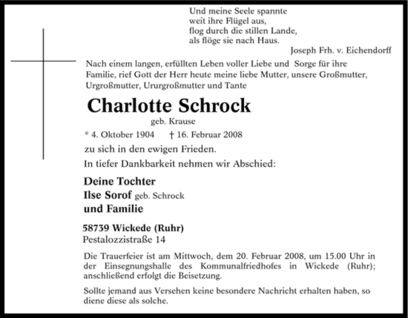  Traueranzeige für Charlotte Schrock vom 18.02.2008 aus WESTFÄLISCHER ANZEIGER
