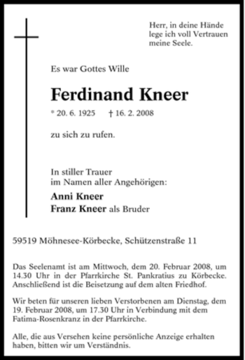 Traueranzeige von Ferdinand Kneer von WESTFÄLISCHER ANZEIGER