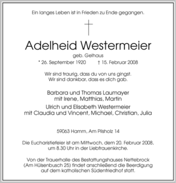 Traueranzeige von Adelheid Westermeier von WESTFÄLISCHER ANZEIGER
