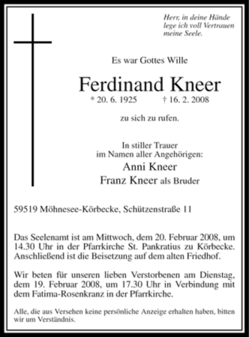 Traueranzeige von Ferdinand Kneer von WESTFÄLISCHER ANZEIGER