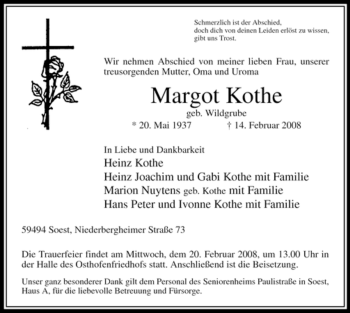 Traueranzeige von Margot Kothe von WESTFÄLISCHER ANZEIGER