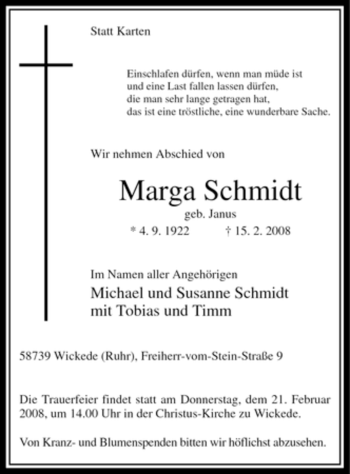 Traueranzeige von Marga Schmidt von WESTFÄLISCHER ANZEIGER