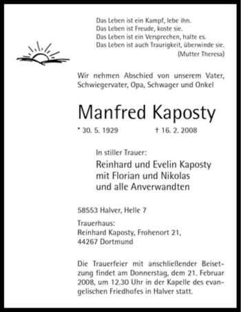 Traueranzeige von Manfred Kaposty von WESTFÄLISCHER ANZEIGER