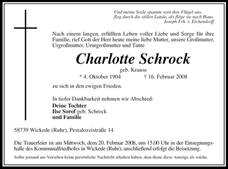  Traueranzeige für Charlotte Schrock vom 18.02.2008 aus WESTFÄLISCHER ANZEIGER