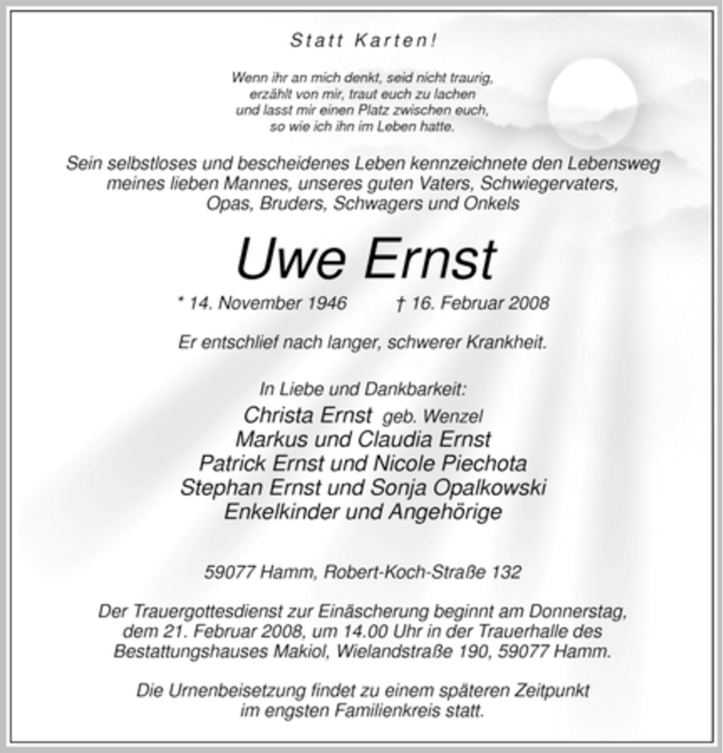  Traueranzeige für Uwe Ernst vom 18.02.2008 aus WESTFÄLISCHER ANZEIGER