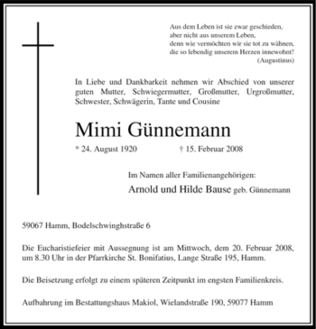 Traueranzeige von Mimi Günnemann von WESTFÄLISCHER ANZEIGER