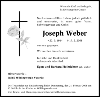 Traueranzeige von Joseph Weber von WESTFÄLISCHER ANZEIGER