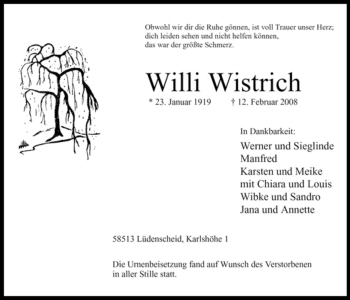 Traueranzeige von Willi Wistrich von WESTFÄLISCHER ANZEIGER