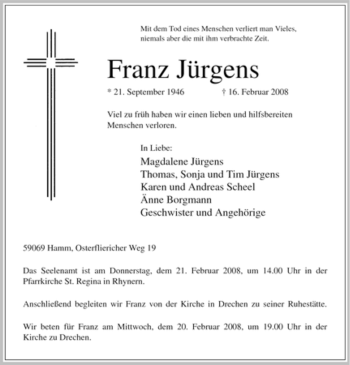 Traueranzeige von Franz Jürgens von WESTFÄLISCHER ANZEIGER