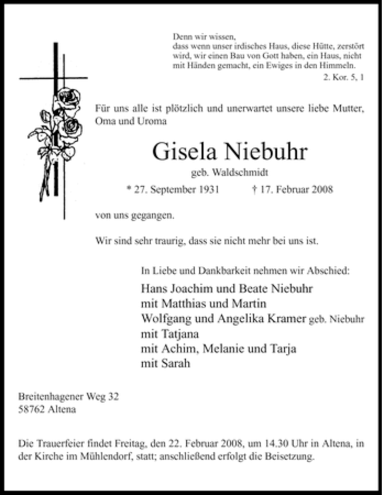  Traueranzeige für Gisela Niebuhr vom 19.02.2008 aus WESTFÄLISCHER ANZEIGER