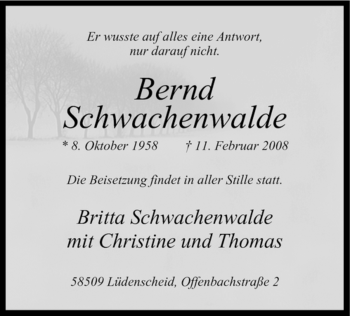 Traueranzeige von Bernd Schwachenwalde von WESTFÄLISCHER ANZEIGER