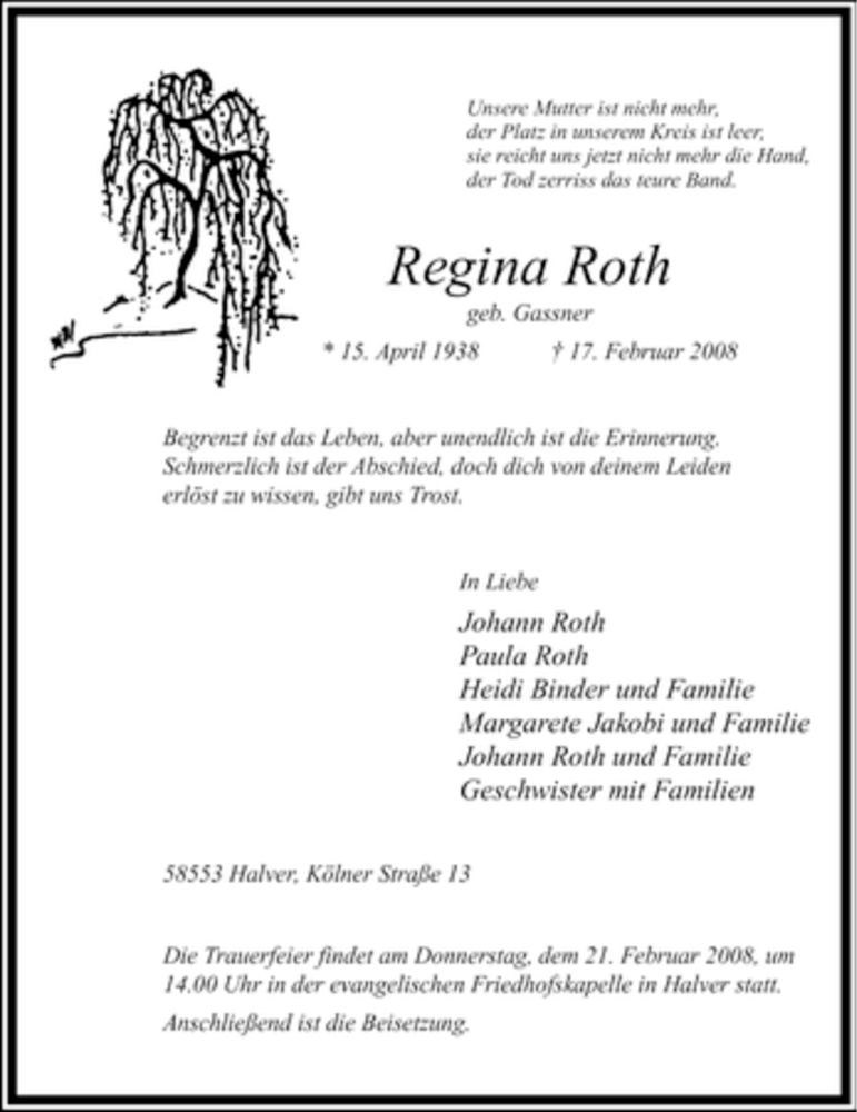  Traueranzeige für Regina Roth vom 19.02.2008 aus WESTFÄLISCHER ANZEIGER
