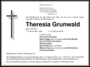 Traueranzeige von Theresia Grunwald von WESTFÄLISCHER ANZEIGER