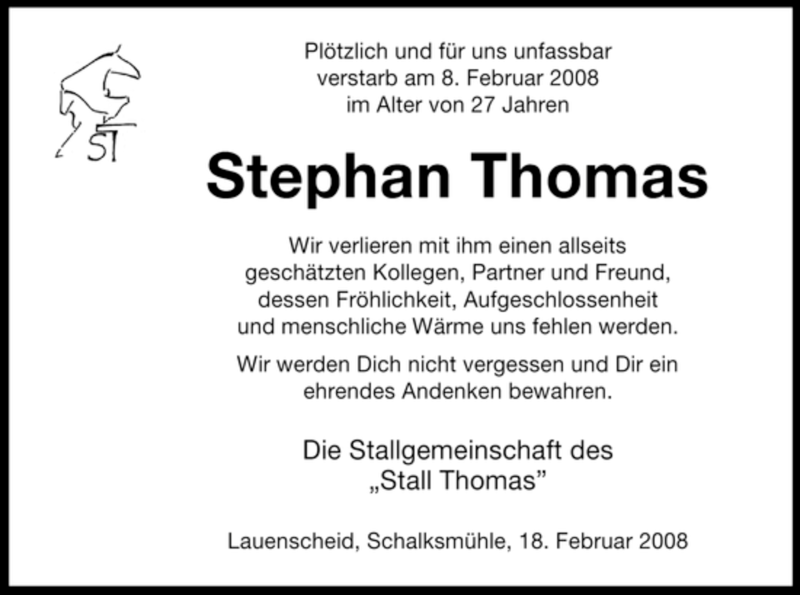  Traueranzeige für Stephan Thomas vom 19.02.2008 aus WESTFÄLISCHER ANZEIGER