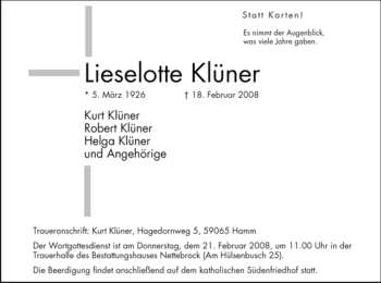 Traueranzeige von Lieselotte Klüner von WESTFÄLISCHER ANZEIGER