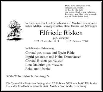 Traueranzeige von Elfriede Risken von WESTFÄLISCHER ANZEIGER