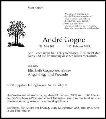 Traueranzeige von André Gogne von WESTFÄLISCHER ANZEIGER
