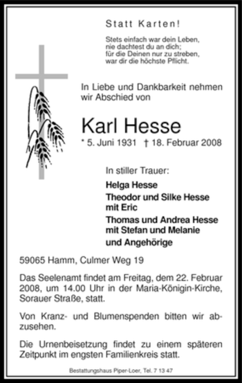 Traueranzeige von Karl Hesse von WESTFÄLISCHER ANZEIGER