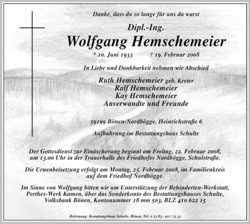  Traueranzeige für Wolfgang Hemschemeier vom 20.02.2008 aus WESTFÄLISCHER ANZEIGER