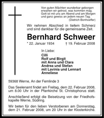 Traueranzeige von Bernhard Schweer von WESTFÄLISCHER ANZEIGER