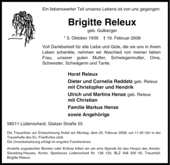 Traueranzeige von Brigitte Releux von WESTFÄLISCHER ANZEIGER