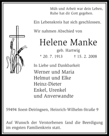 Traueranzeige von Helene Manke von WESTFÄLISCHER ANZEIGER