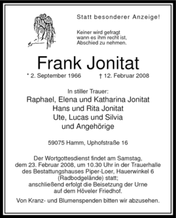 Traueranzeige von Frank Jonitat von WESTFÄLISCHER ANZEIGER