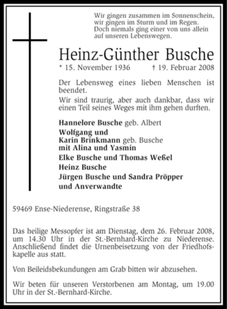  Traueranzeige für Heinz-Günther Busche vom 21.02.2008 aus WESTFÄLISCHER ANZEIGER