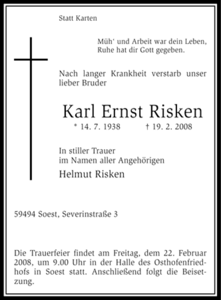  Traueranzeige für Karl Ernst Risken vom 21.02.2008 aus WESTFÄLISCHER ANZEIGER