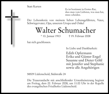 Traueranzeige von Walter Schumacher von WESTFÄLISCHER ANZEIGER