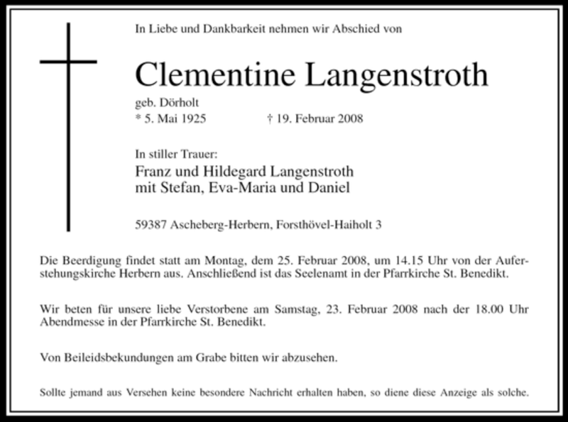  Traueranzeige für Clementine Langenstroth vom 21.02.2008 aus WESTFÄLISCHER ANZEIGER