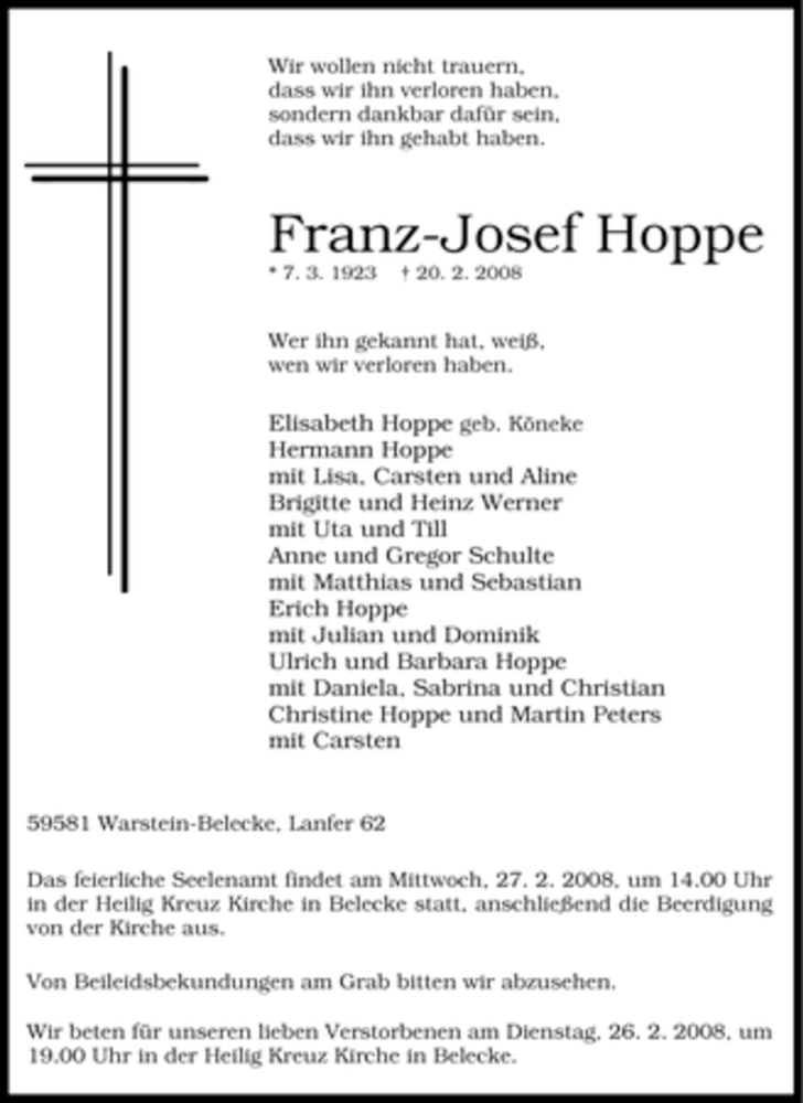  Traueranzeige für Franz-Josef Hoppe vom 22.02.2008 aus WESTFÄLISCHER ANZEIGER