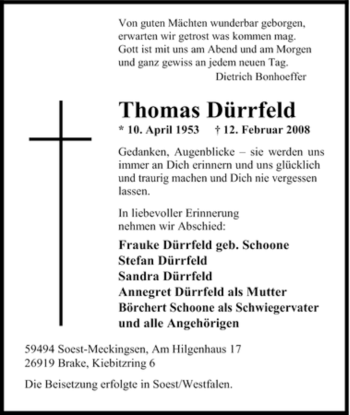 Traueranzeige von Thomas Dürrfeld von WESTFÄLISCHER ANZEIGER