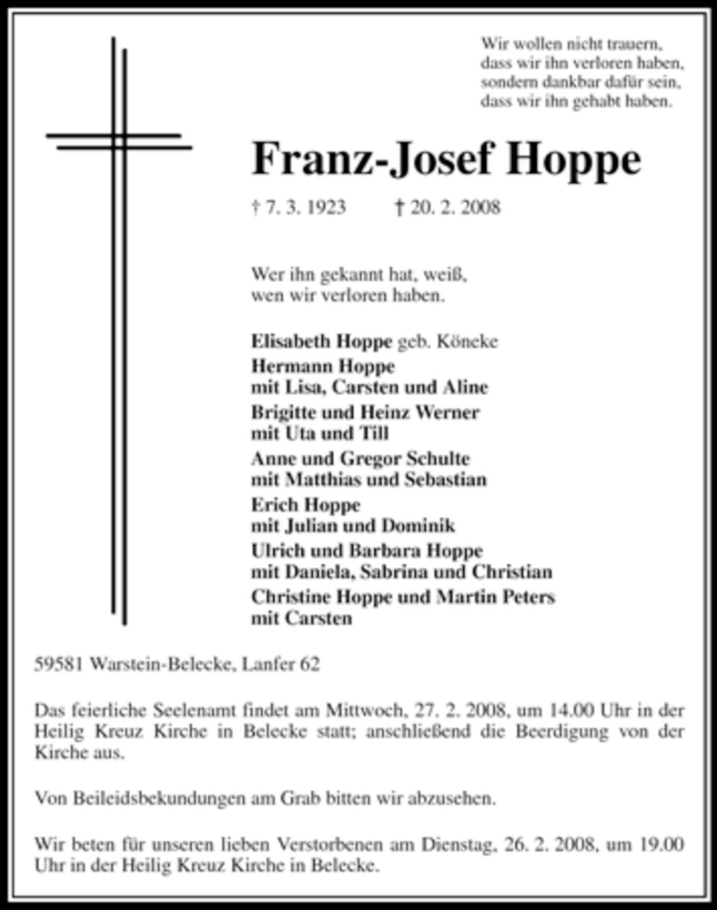  Traueranzeige für Franz-Josef Hoppe vom 22.02.2008 aus WESTFÄLISCHER ANZEIGER