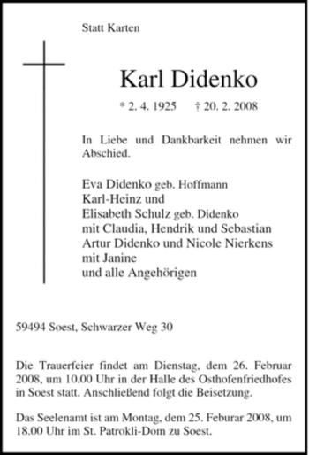 Traueranzeige von Karl Didenko von WESTFÄLISCHER ANZEIGER