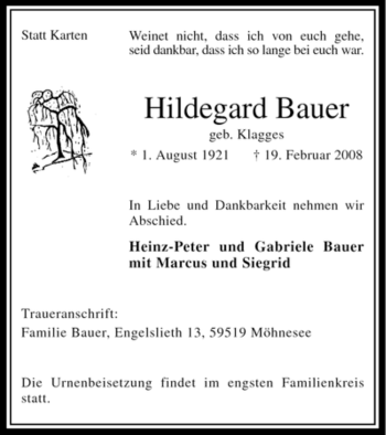 Traueranzeige von Hildegard Bauer von WESTFÄLISCHER ANZEIGER